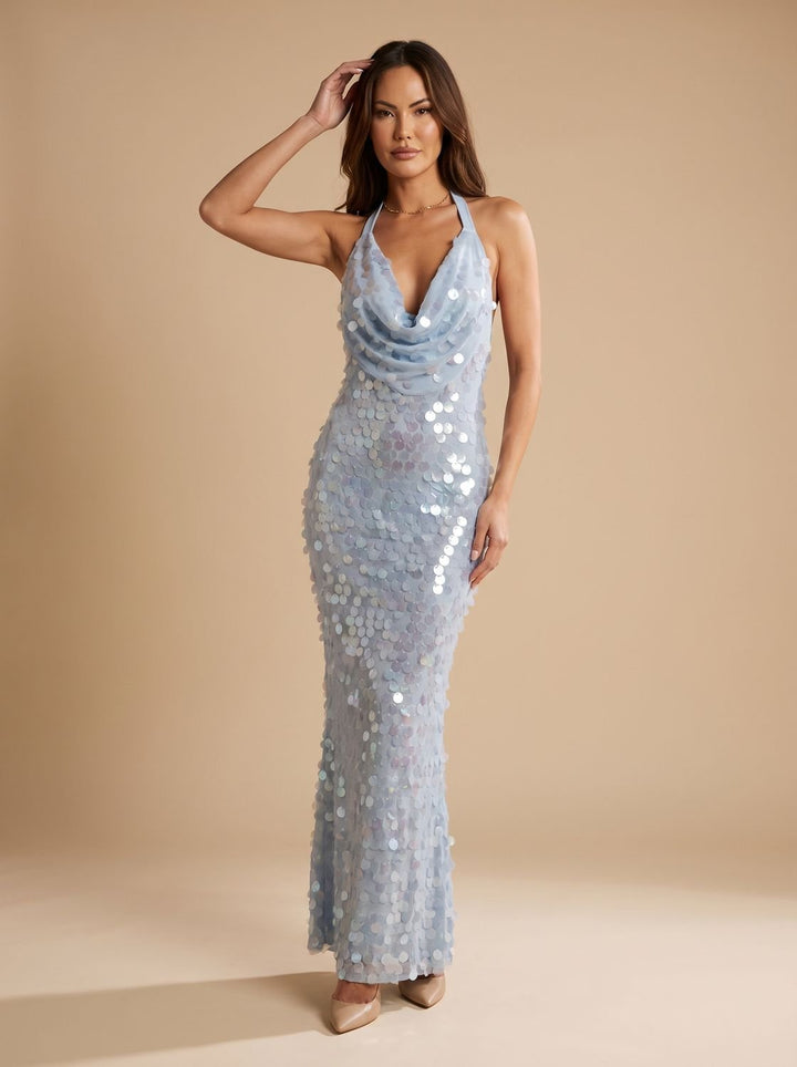 Blaues Damen-Maxikleid mit glänzenden Pailletten und Wasserfallausschnitt