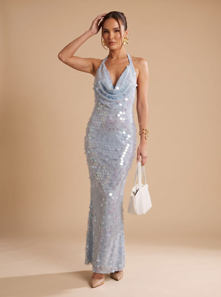 Bodenlanges blaues Abendkleid mit funkelnden Pailletten