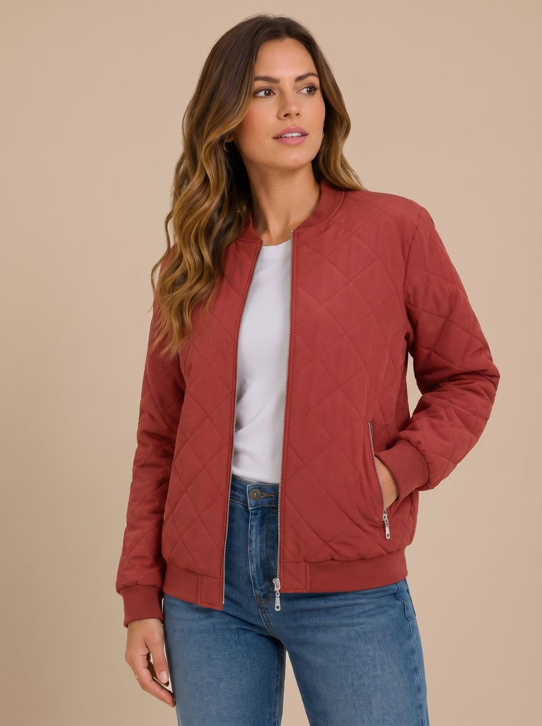 Damen Bomberjacke Mit Rautensteppung Und Taschen