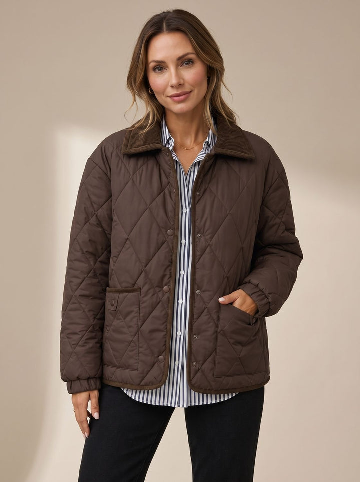 Damen Rauten Steppjacke Mit Cordkragen Und Druckknöpfen