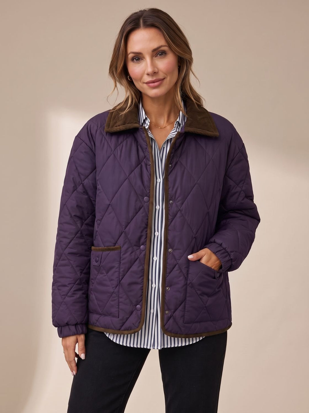Seitliche Ansicht der Damen-Steppjacke mit Cordkragen