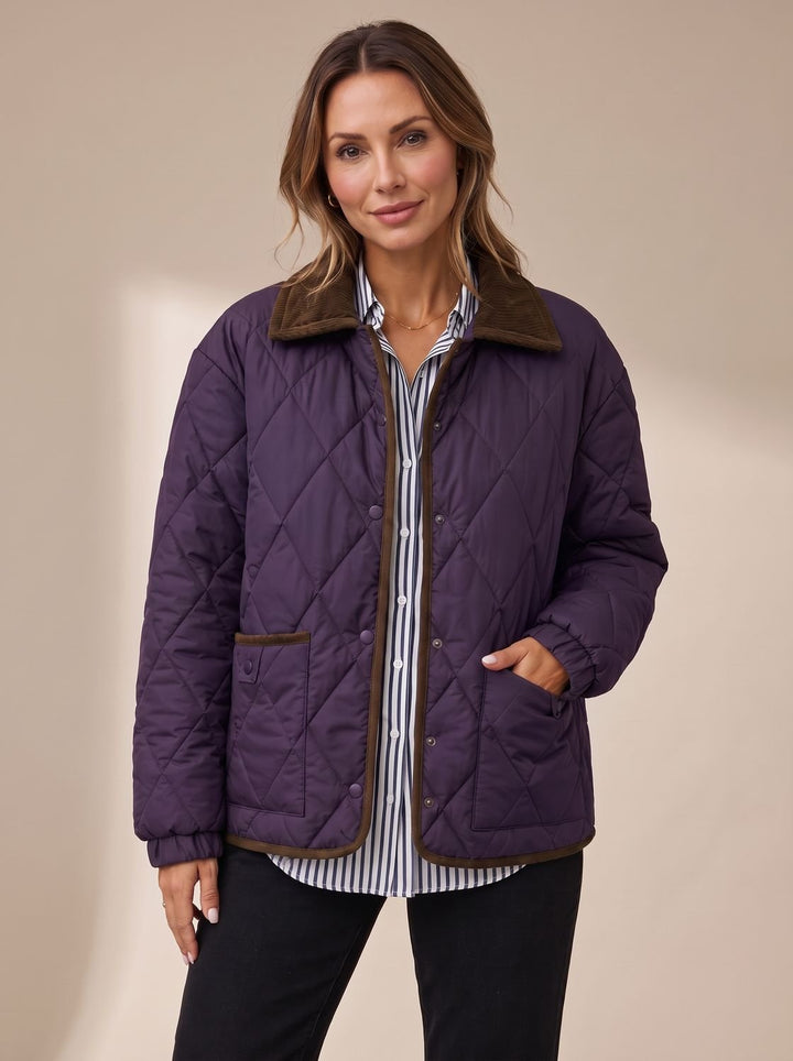 Seitliche Ansicht der Damen-Steppjacke mit Cordkragen