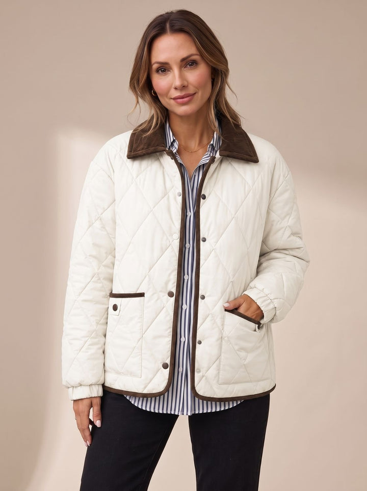 Damen Rauten Steppjacke Mit Cordkragen Und Druckknöpfen