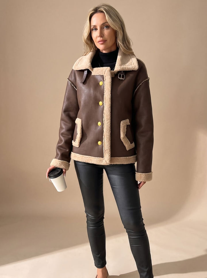 Damen-Aviatorjacke aus Kunstleder mit weichem Sherpa-Futter