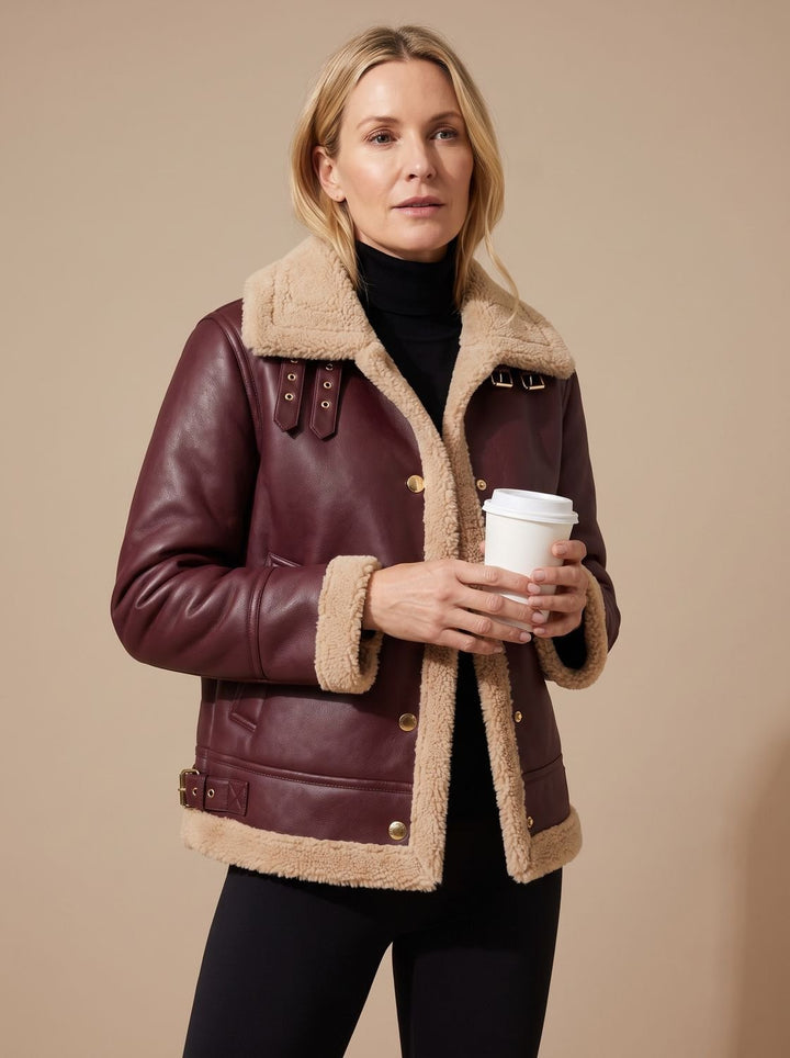 Damen Aviator Jacke Aus Kunstleder Mit Sherpa Futter