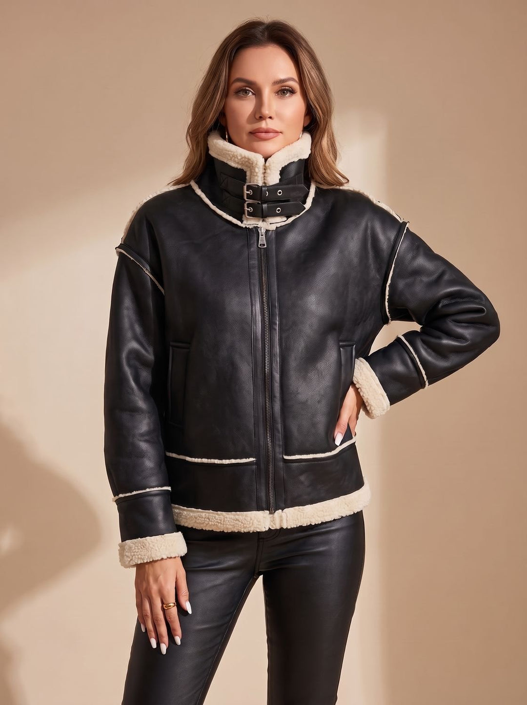 Damen Fliegerjacke Aus Kunstleder Mit Sherpa Futter