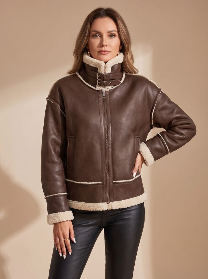 Damen Fliegerjacke Aus Kunstleder Mit Sherpa Futter