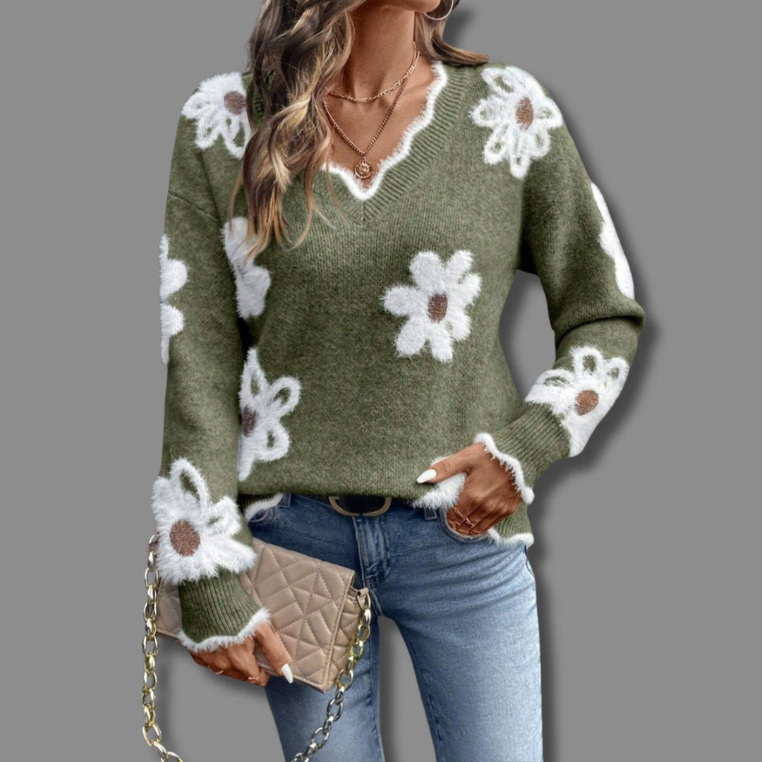 Women's Long Sleeve V-Neck Sweater with Floral Texture