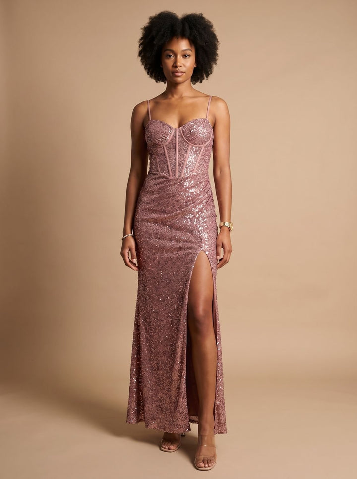 Damen Pailletten Maxikleid Mit Herzausschnitt Und Seitenschlitz