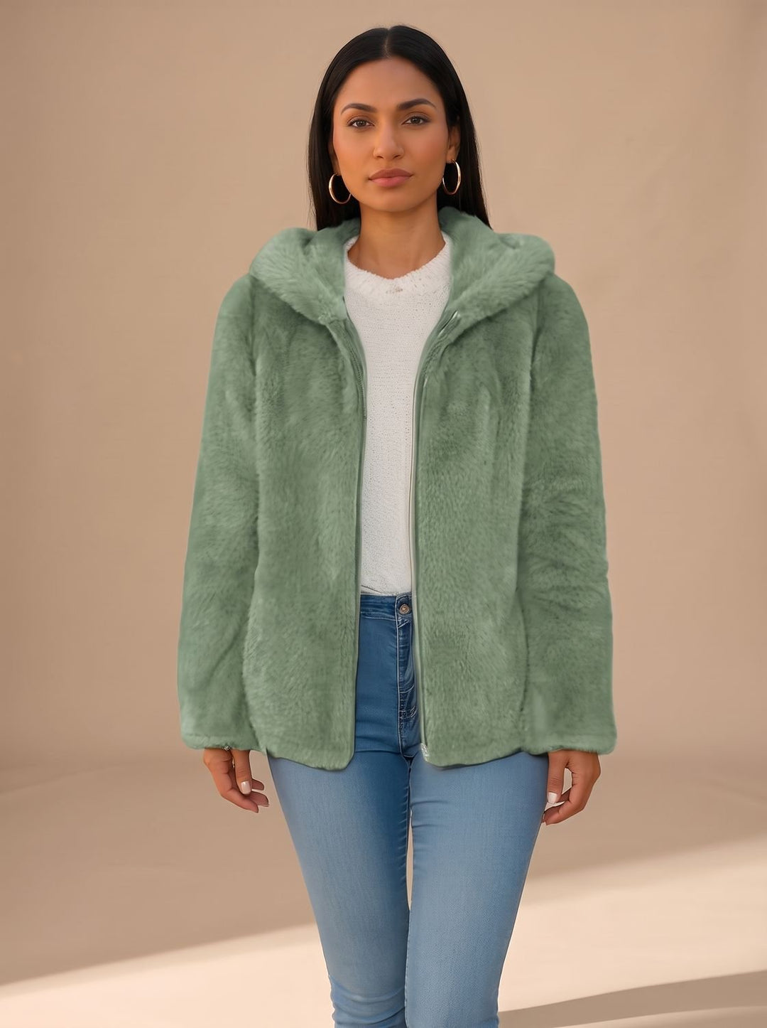 Detailansicht der Kapuze und des Reißverschlusses der Teddyfleece-Jacke