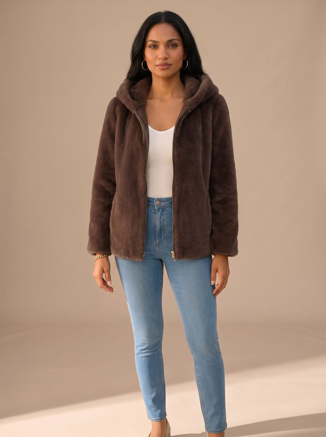 Damen Teddyfleece Jacke Mit Kapuze Und Reißverschluss