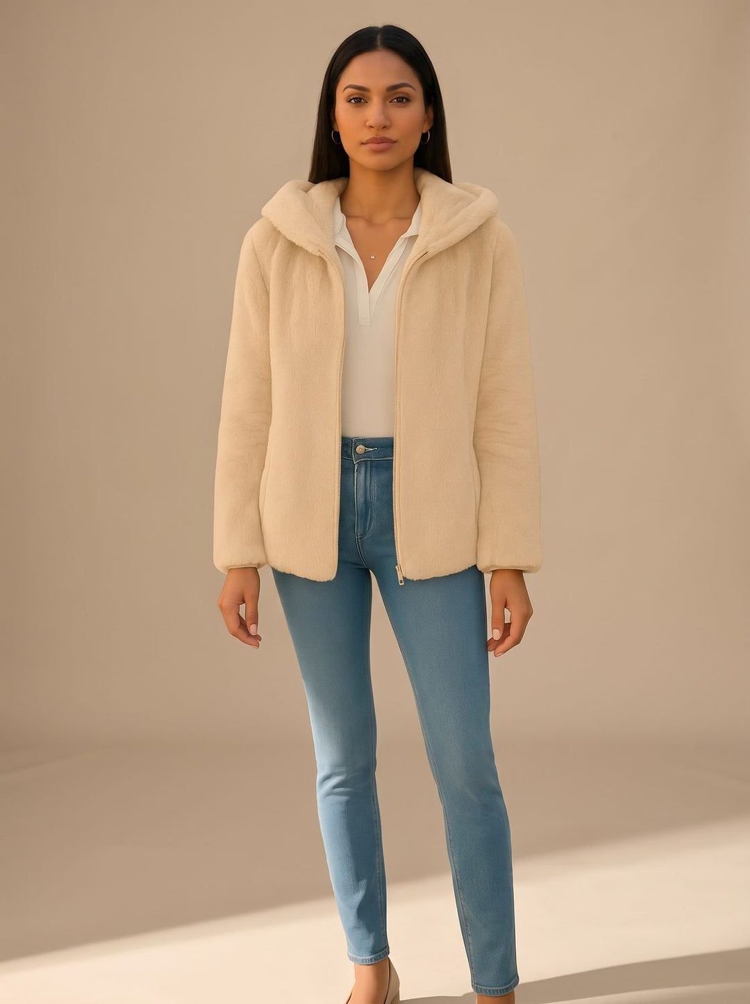 Damen Teddyfleece Jacke Mit Kapuze Und Reißverschluss