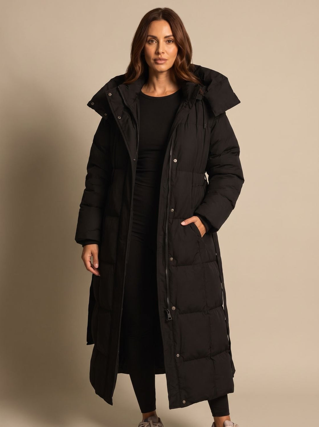 Women's Longline Quilted Coat With Hood And Belt