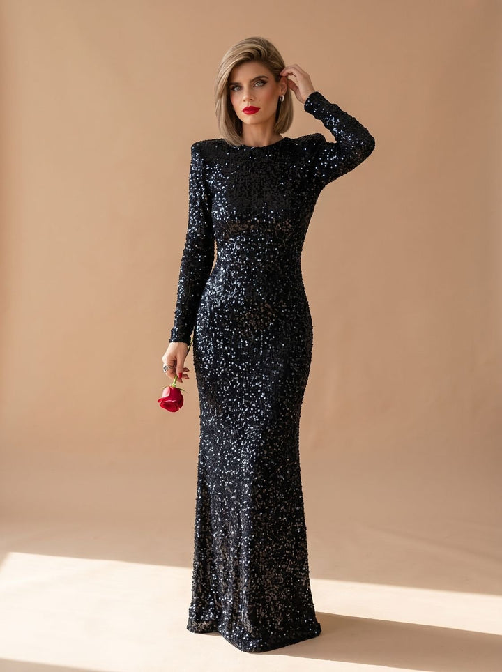 Damen-Maxikleid mit Pailletten, langen Ärmeln und offenem Rücken
