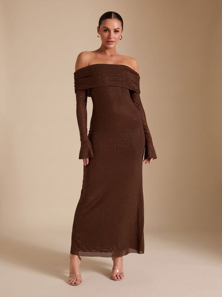 Damen-Maxikleid in bronzefarbener Paillettenoptik mit schulterfreiem Ausschnitt