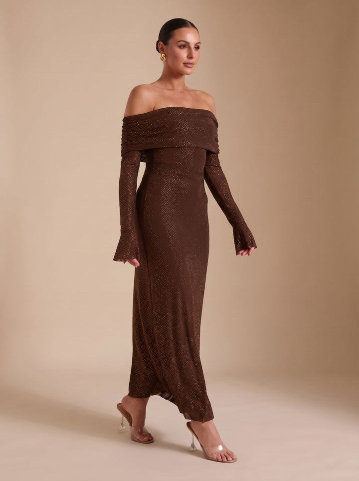 Damen Pailletten Maxikleid Mit Schulterfreiem Ausschnitt Bronze