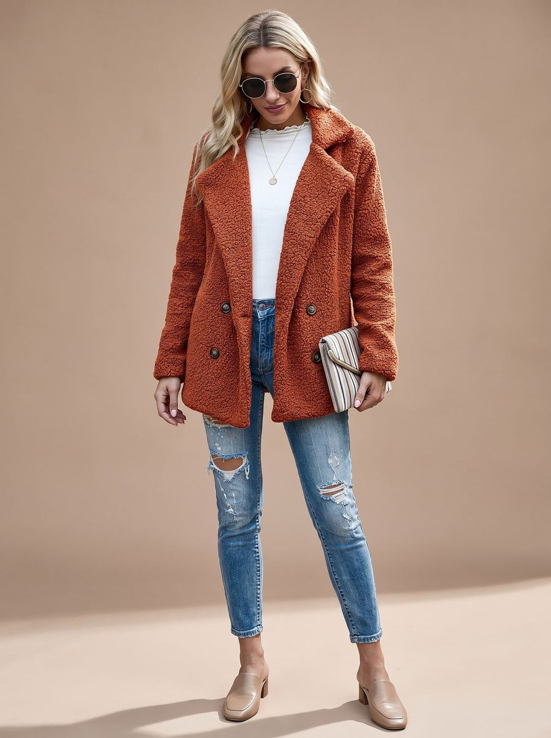 Women's Oversized Teddy Jacket With Double-Breasted Front