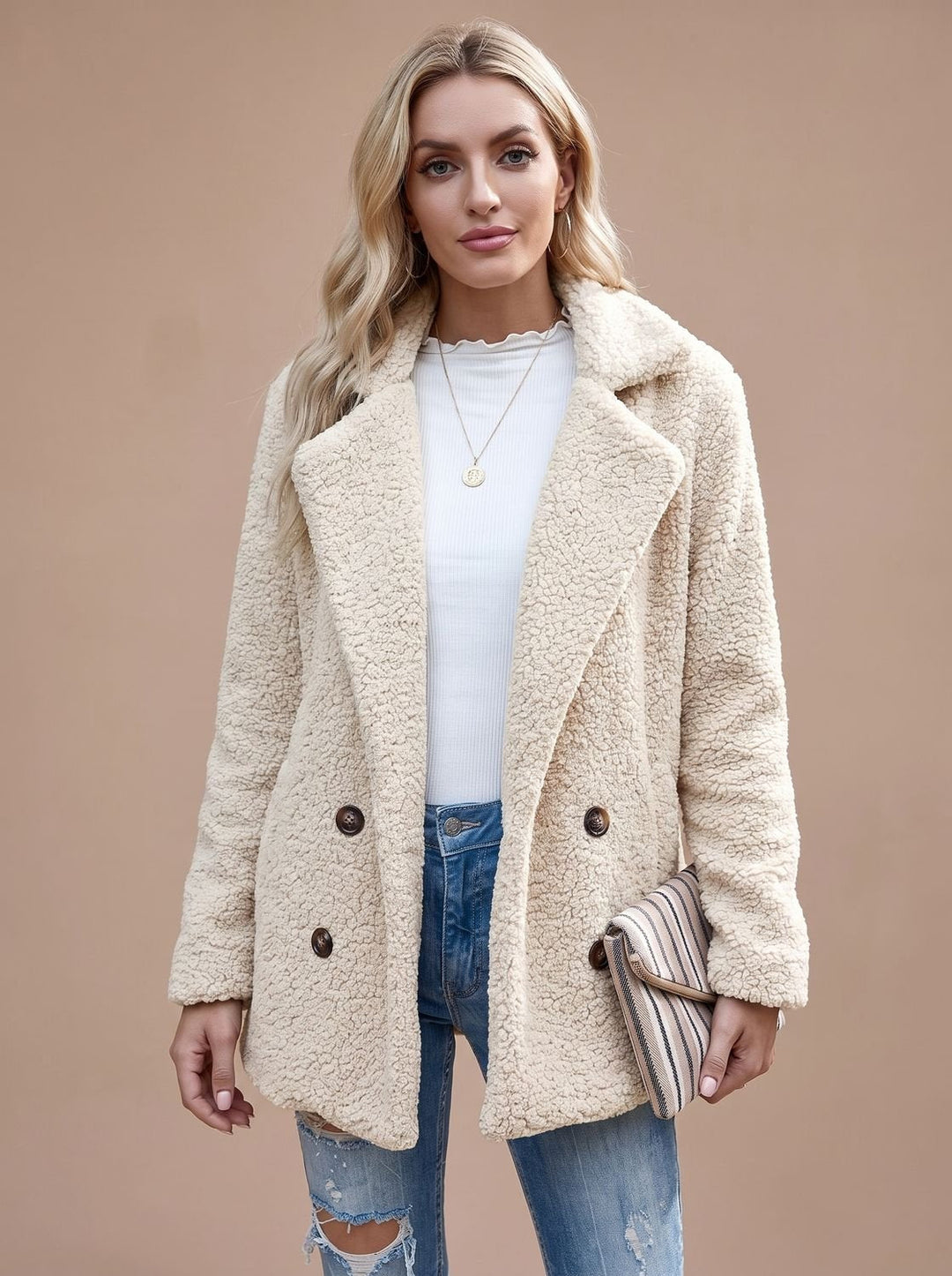 Women's Oversized Teddy Jacket With Double-Breasted Front