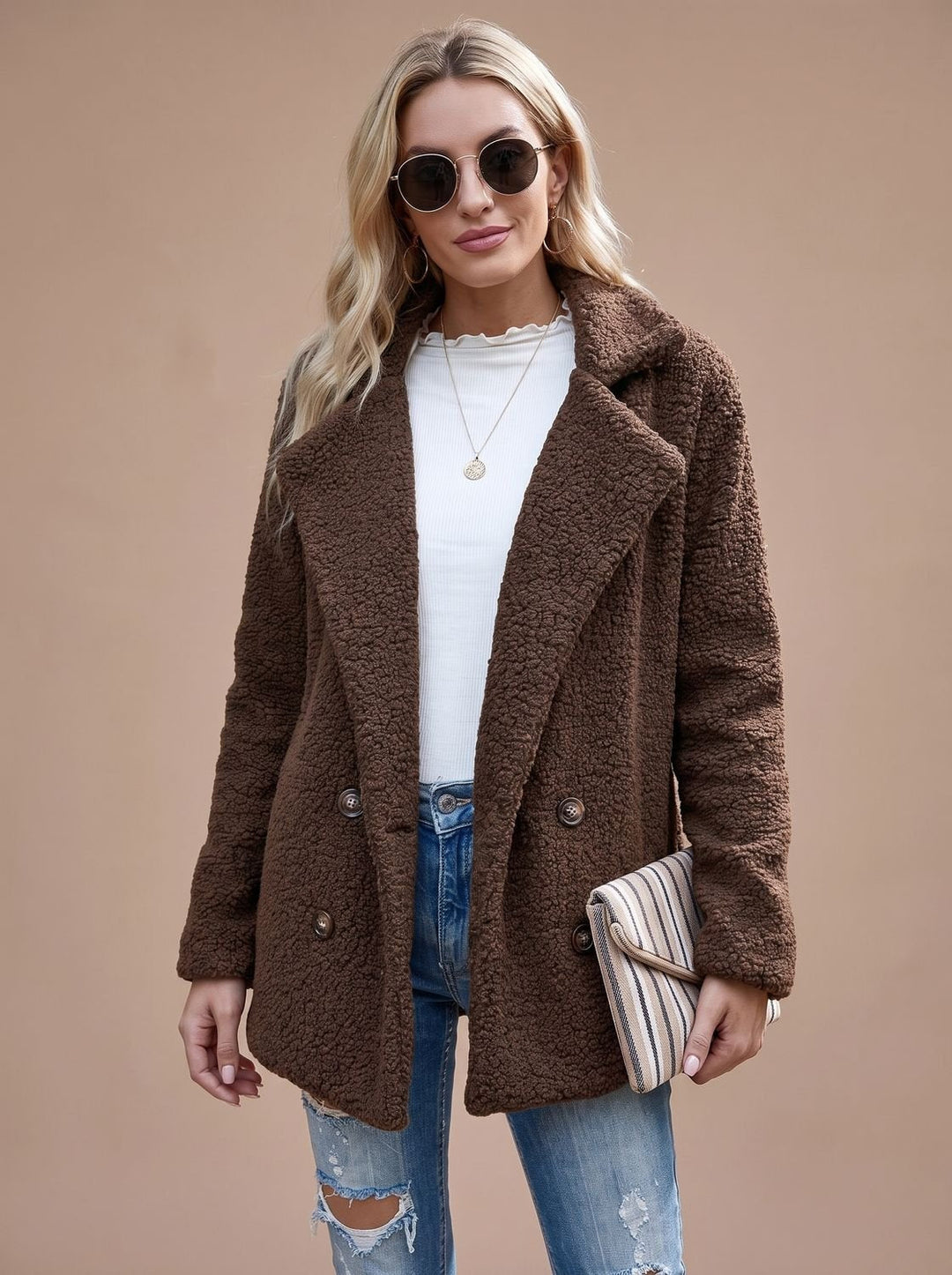 Women's Oversized Teddy Jacket With Double-Breasted Front