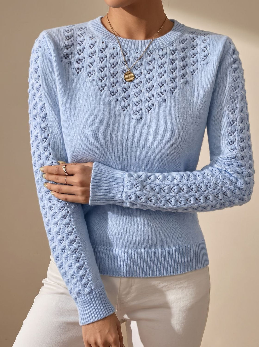 Damen Pointelle Strickpullover Cropped Mit Rundhals