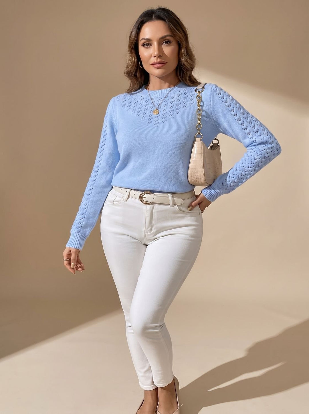 Damen Pointelle-Strickpullover im Cropped-Schnitt mit Rundhalsausschnitt