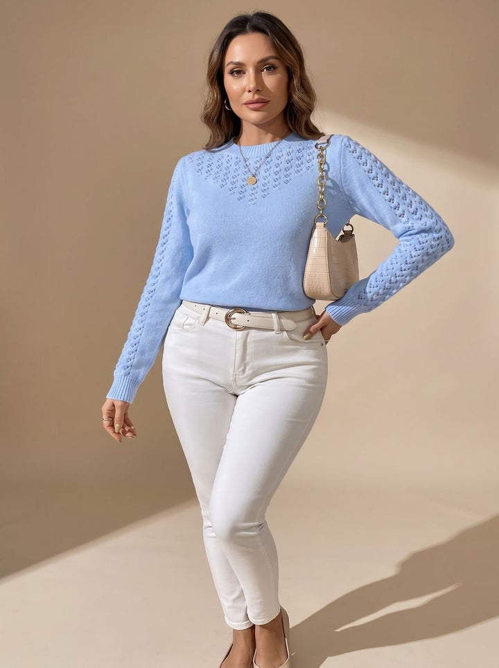Damen Pointelle-Strickpullover im Cropped-Schnitt mit Rundhalsausschnitt