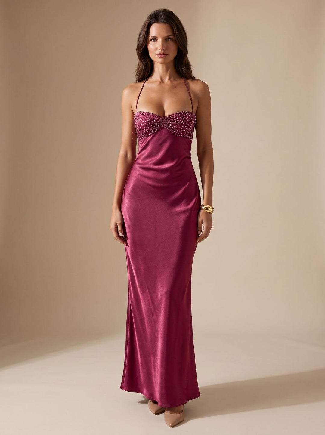 Damen Satin-Maxikleid mit Strass und elegantem Neckholder