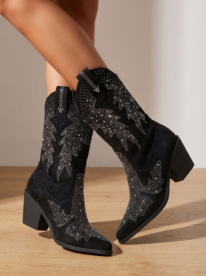 Damen-Westernstiefel mit Strassbesatz und markantem Blockabsatz