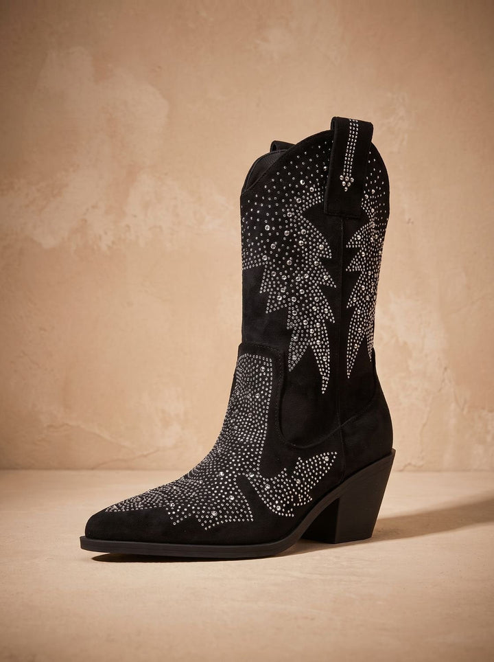 Paar Damen-Westernstiefel mit Strassdetails und Blockabsatz
