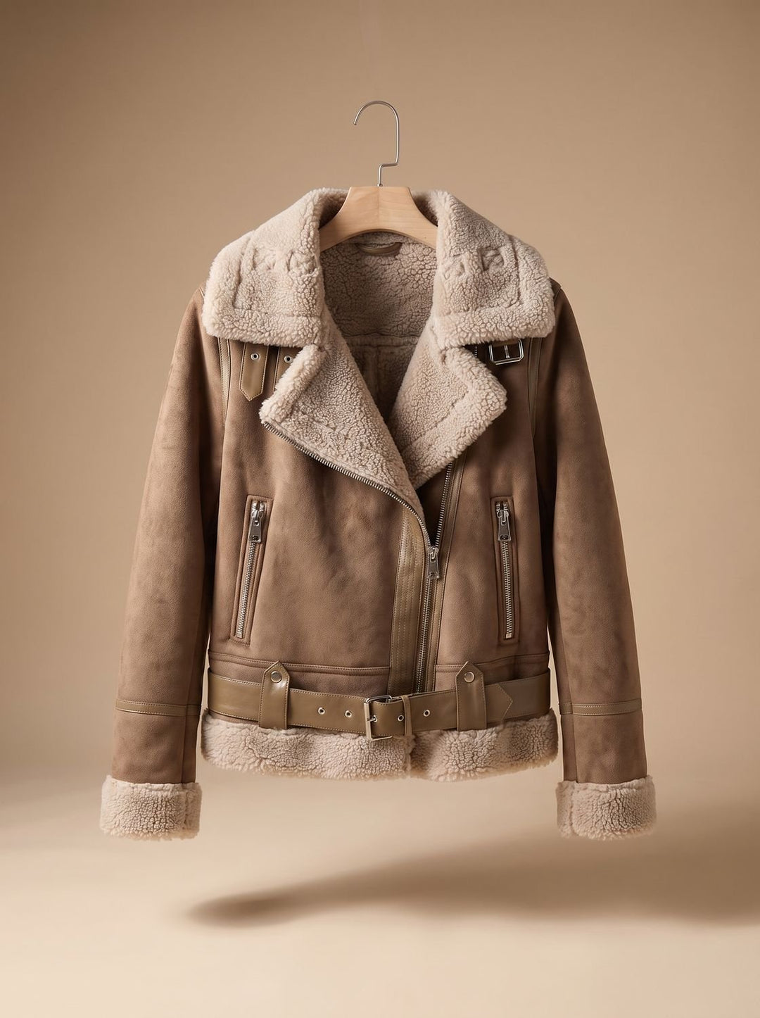 Women's Short Jacket With Lambswool Lining And Waist Belt Brown