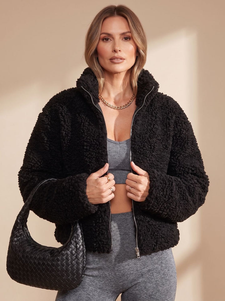 Damen Sherpa Fleecejacke Mit Stehkragen