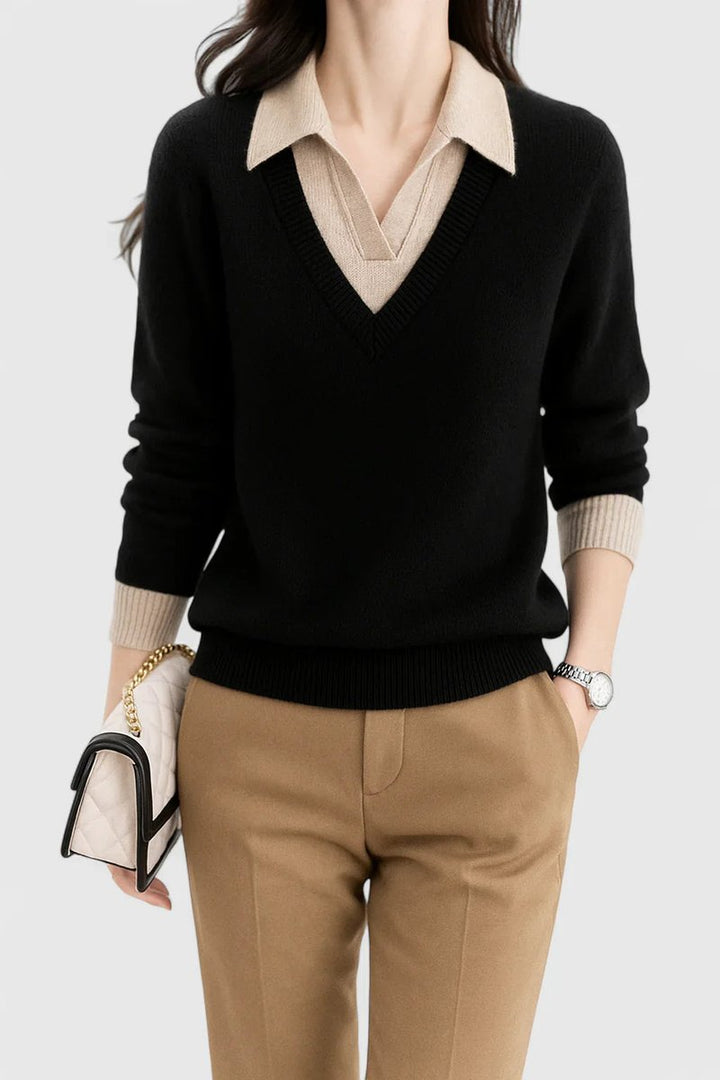 Damen Pullover Mit V Ausschnitt Und Polokragen